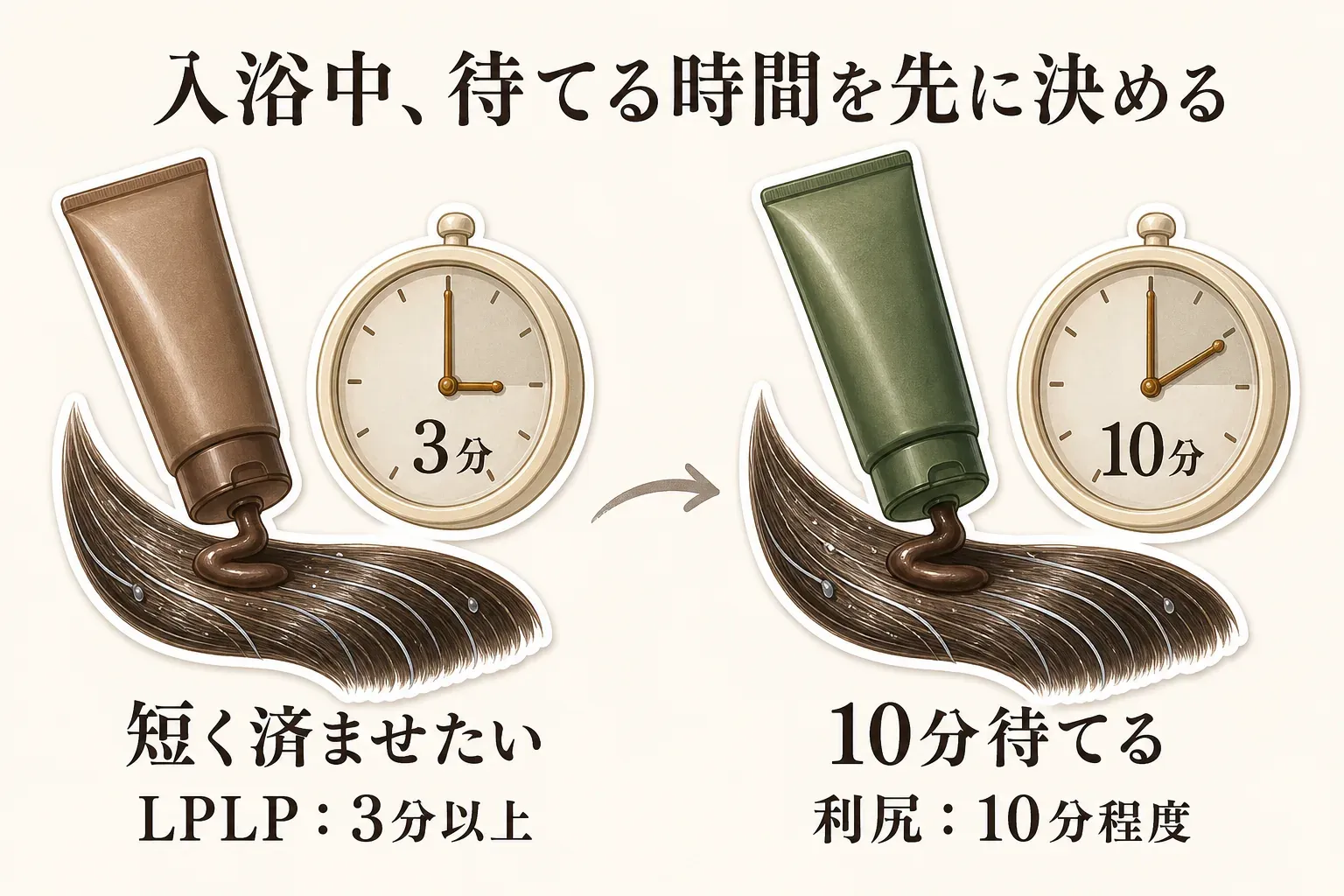 入浴中のカラートリートメントの待ち時間を、短く済ませたい場合はLPLPの3分以上、10分待てる場合は利尻の10分程度として、トリートメントのチューブ、髪、時計のイラストで示した図。記事本文と各社公式案内をもとに作成。