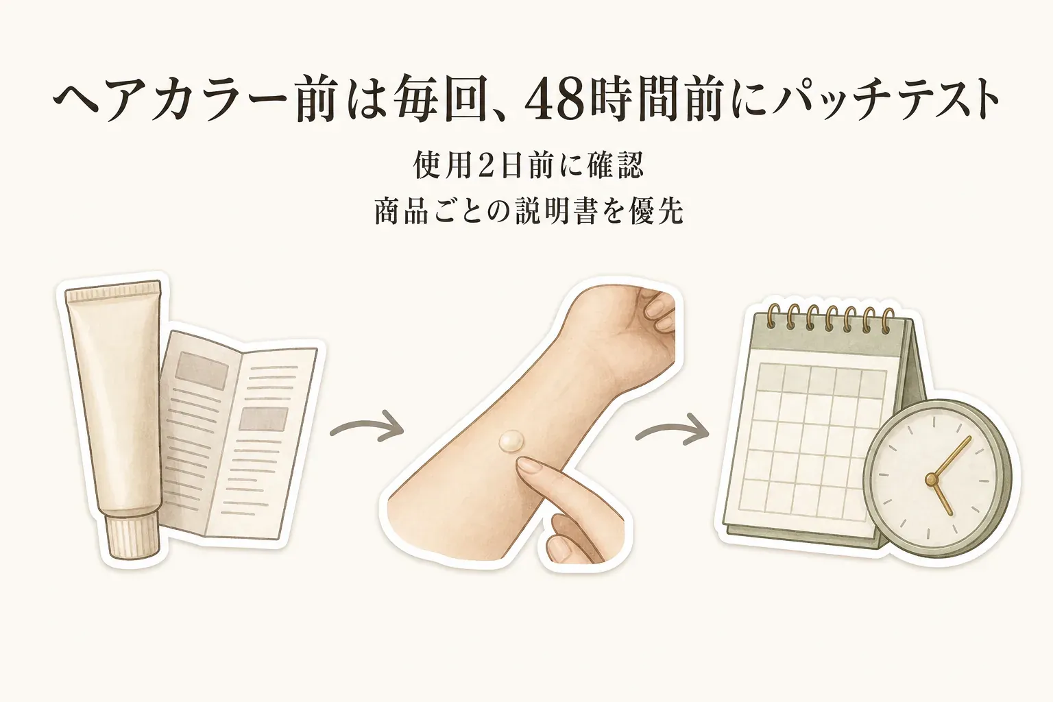 ヘアカラー使用前に、商品ごとの説明書を確認し、腕の内側に少量のテスト液を塗り、使用2日前・48時間前から確認する流れを、説明書、腕、カレンダーと時計で示す図。出典：花王「ヘアカラーのパッチテスト」。