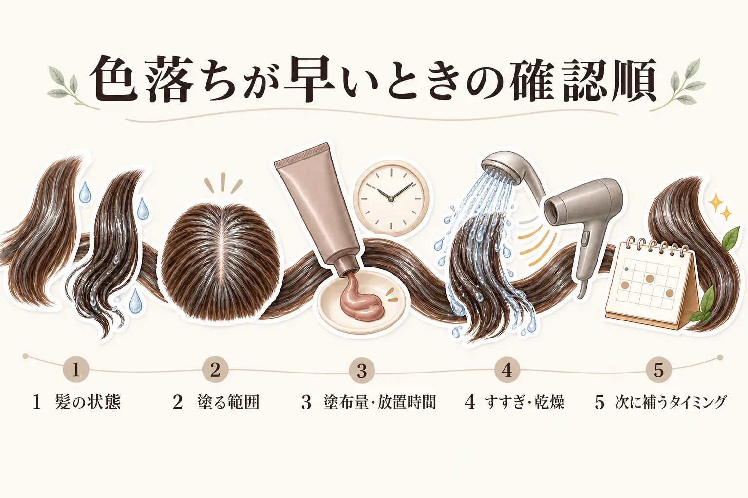 白髪用カラートリートメントの色落ちが早いときの確認順として、髪の状態、塗る範囲、塗布量・放置時間、すすぎ・乾燥、次に補うタイミングの5項目を、髪・トリートメント・時計・シャワー・カレンダーのイラストで示した図。