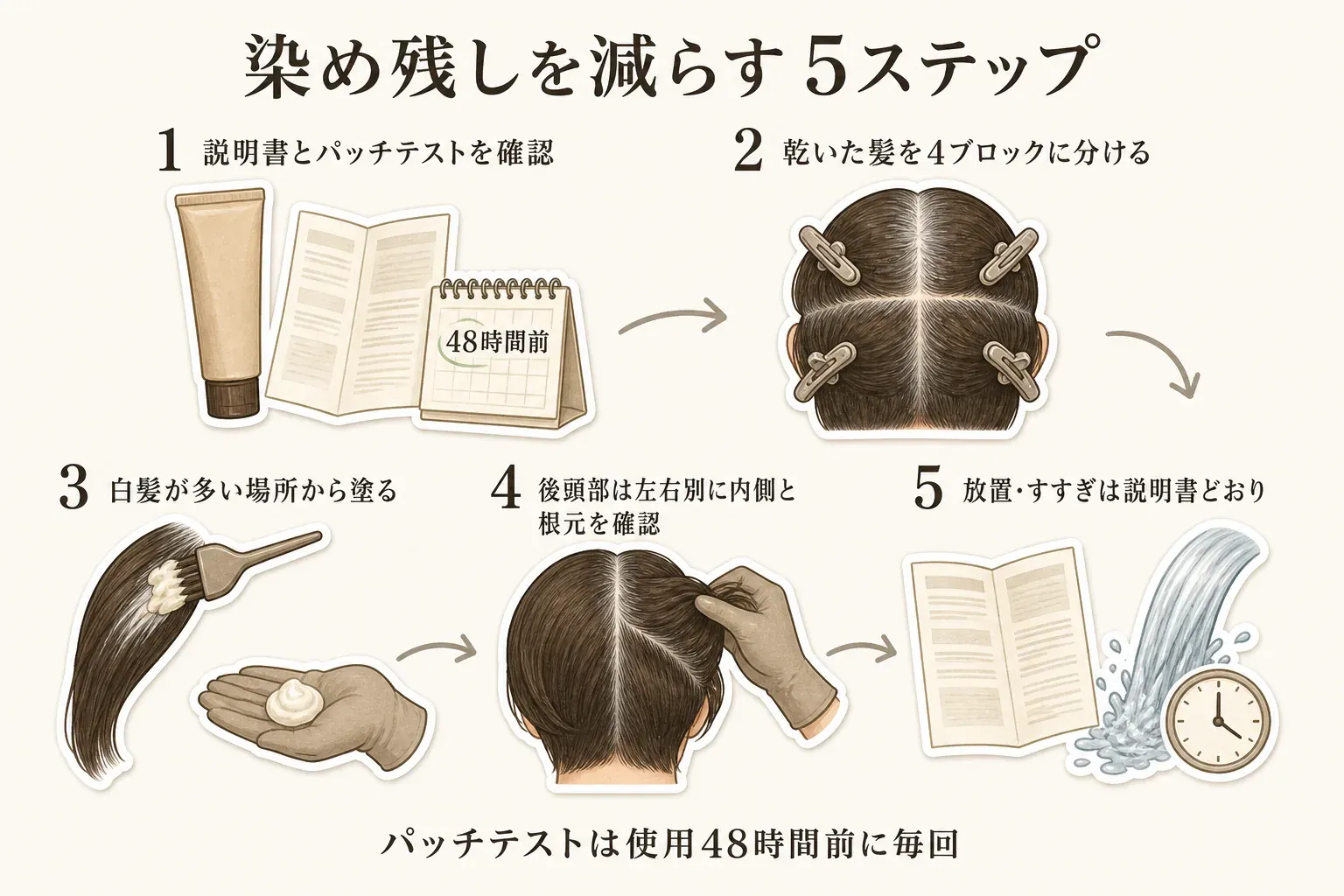 染め残しを減らす5ステップの図。説明書と48時間前のパッチテストを確認し、乾いた髪を4ブロックに分け、白髪が多い場所から塗り、後頭部は左右別に内側と根元を確認し、放置・すすぎは説明書どおりに行う流れを示している。