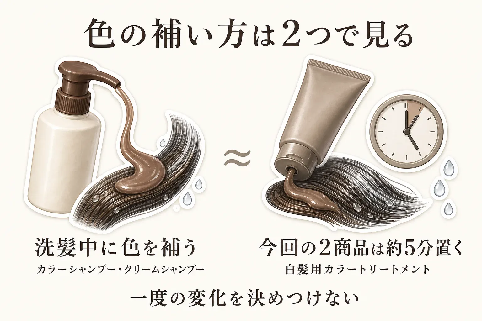 カラーシャンプー・クリームシャンプーは洗髪中に色を補い、今回確認した白髪用カラートリートメント2商品は髪に塗って約5分置くという、2つの色の補い方をポンプボトル、チューブ、髪、時計のイラストで比較した図。記事本文と商品説明をもとに作成。